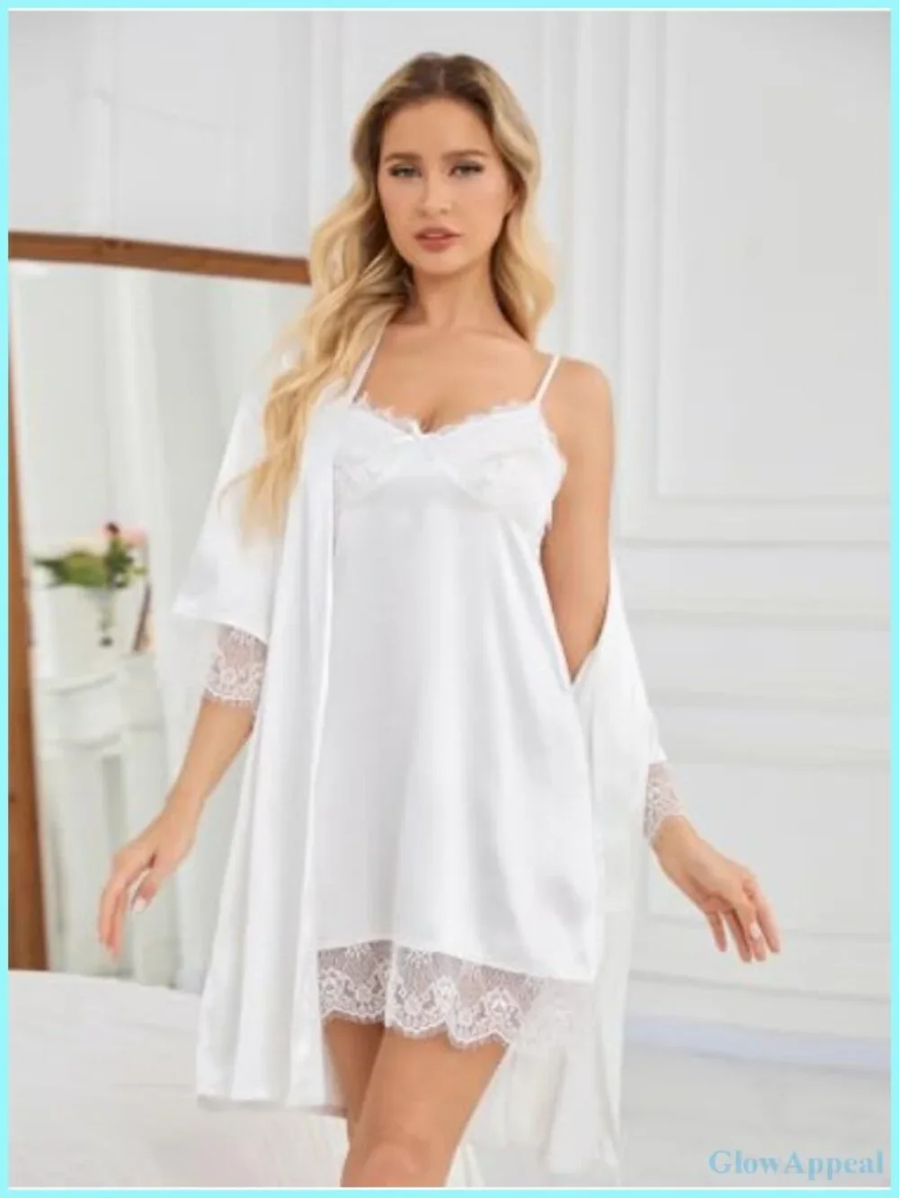 Satin Nightgown & Robe Set 2 Piece Lace Babydoll Sleepwear Wedding